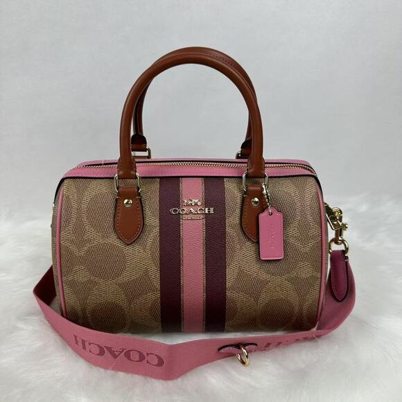 Coach Rowan Satchel Bag In Signature Canvas With Stripe Print In Tan CBI78 NWT - Picture 1 of 9